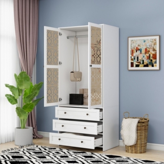 OKWISH Kleiderschrank Garderobe Garderobenschrank (mit Schnitzmuster & Rattangeflecht – 3 Schubladen, Aluminium-Kleiderstange, für Wohnzimmer, Schlafzimmer & Büro)