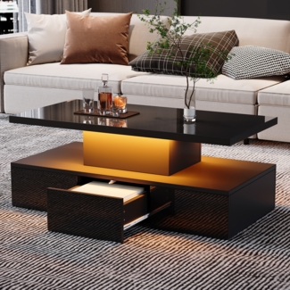 LED-Couchtisch Schwarz modern Hochglanz,rechteckiger Wohnzimmertisch, dimmbares LED-Licht mit Fernbedienung, 16 Farben