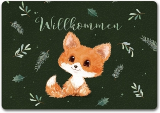 speecheese Fußmatte Baby Fuchs Fußmatte in 35x50 cm ohne Rand grün mit Spruch Willkommen