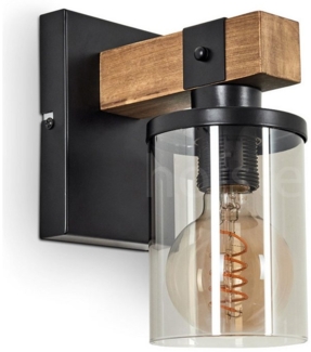 hofstein Wandleuchte »Ramera« Wandlampe aus Metall/Holz/Glas in Schwarz/Natur/Rauchfarben, ohne Leuchtmittel, Leuchte m. Schirm aus Echtglas im Retro/Vintage Design, 1xE27