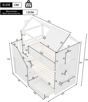 Merax Kinder-Etagenbett, 90*200cm, Multifunktionales Kinderbett, mit Stauraumtreppe & Schubladen & Regalen, Extra großer Stauraum, Ohne Matratze, Kiefer + MDF, Weiß