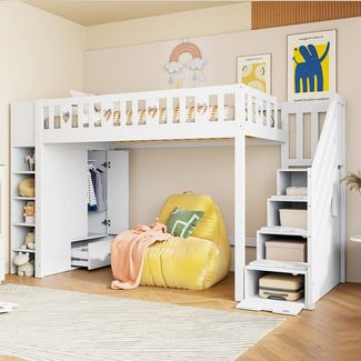 SOFTWEARY Hochbett mit Kleiderschrank (90x200 cm) Kinderbett mit Rausfallschutz, Regal, Treppe, Stauraum