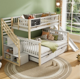 Flieks Etagenbett, Kinderbett 90x200cm+140x200cm mit Tafel, 2 Schubladen, Rutsche, Treppe