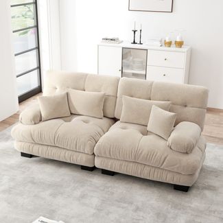 Flieks 2-Sitzer Sofa, Cloud Doppelsofa aus Chenille mit 2 Lenden- & 2 Dekokissen, Hellbraun