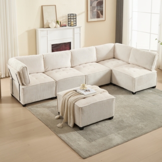 LVHOM Modulares Sofa U Form 308 x 82 x 154 cm, 6-Sitzer mit Schlaffunktion, Modular Cord Ecksofa, umwandelbares Schaumstoffsofa, Sofagarnitur, Beige