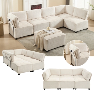LVHOM Modulares Sofa U Form 308 x 82 x 154 cm, 6-Sitzer mit Schlaffunktion, Modular Cord Ecksofa, umwandelbares Schaumstoffsofa, Sofagarnitur, Beige