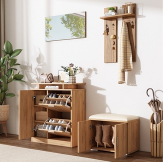 Merax Garderoben-Set mit Spiegel in Naturholzoptik, (Flurgarderoben Set Scandi Kompaktgarderobe, 1-St, B140 × T35 × H133 cm), Komplett-Set mit Schuhbank, Schuhschrank, 5 Türen & 4 Haken