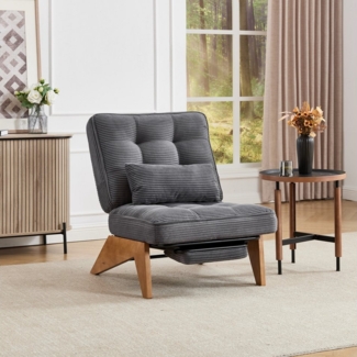 MODFU Loungesessel Relaxsessel aus Kord (Polsterstuhl mit Holzbeinen & Lendenkissen, verstellbare Rückenlehne), mit Lendenkissen und Holzbeinen