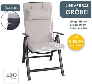 LILENO HOME Hochlehnerauflage mit Kopfkissen, bequeme Sitzauflage für Gartenmöbel, Stuhlkissen, (1er Set), Polsterauflage in Creme, Sitzpolster waschbar für Klappstühle