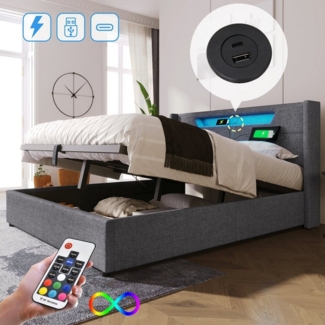 PHOEBE CAT Polsterbett (Hydraulisches Bett mit Lattenrost und LED-Beleuchtung), Stauraumbett mit USB Typ C Ladefunktion Kopfteil, Leinen, 140x200 cm