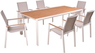 Garten-Sitzgruppe JONAS 7-tlg. - Kunststoff, Hellbraun | Gartenmöbel-Set Gartengarnitur Garten-Essgruppe mit Stapelstühlen und Esstisch