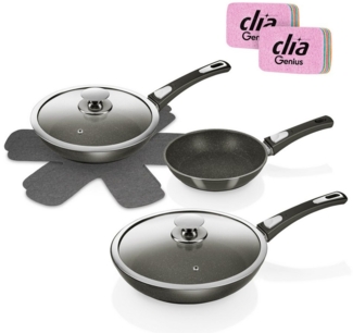 Genius Pfannen-Set Bonafit Ø 20, 24, 28 cm, inkl. Rainbow Schwämme, Set 9-tlg, Edelstahl 18/10 (Set, 9-tlg, Bonafit - Pfannen 20cm, 24cm, 28cm, 2x Deckel, 2x Einleger, 2x Schwamm), abnehmbarer Griff, hitzebeständig, spülmaschinengeeignet
