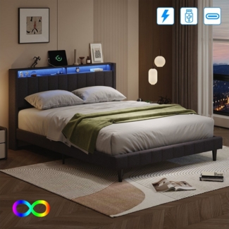 Gdood Polsterbett Stauraumbett Doppelbett, LED + Ladefunktion (6000-farbigen variablen LED, Zwei USB + Steckdosen), Mit LED-Beleuchtung, Federbelastetes Kopfteil, Leinen, 140x200 cm