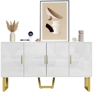150cm moderner, luxuri?ser wei?er Sideboard mit hochgl?nzenden strukturierten Tren und goldenen Griffen, 4-Tren-Design, h?henverstellbare Regale