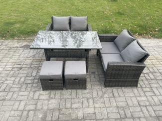 Fimous 6 Sitzer Polyrattan Gartenmöbel-Set Liebe Sofa Outdoor Rechteckiger Esstisch 2 kleine Fußhockern Dunkelgrau gemischt