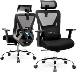COMHOMA Bürostuhl Ergonomischer Schreibtischstuhl mit 3D Lendenwirbelstütze & Kopfstütze (Packung), verstellbare Armlehnen, Office Chair mit Wippfunktion