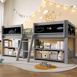 Halbhohes Bett, Mehrere Einlegeböden zur Aufbewahrung Geländer Leiter minimalistischer Stil ohne Matratze, Kiefernholz, Grau, 90x200cm