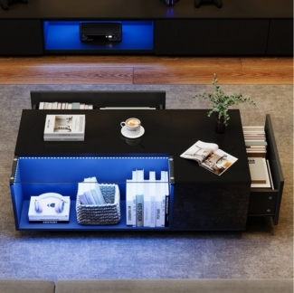 Merax Couchtisch hochglanz Sofatisch Beistelltisch mit LED-Beleuchtung (1-St), Wohnzimmertisch mit Glasplatte, 2 Schubladen & Stauraum
