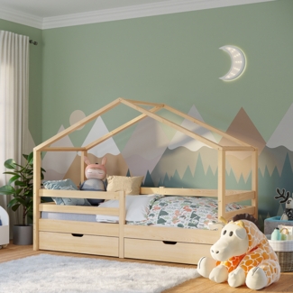 Bellabino 'Abia' Hausbett 90x200 cm mit Matratze und 2 Schubladen, natur, Kiefer Massivholz, Montessori Kinderbett mit Stauraum, inkl. Rausfallschutz und Lattenrost