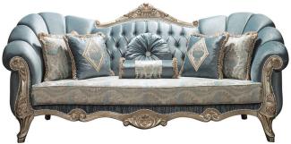 Casa Padrino Luxus Barock Sofa Türkis / Antik Silber 220 x 90 x H. 110 cm - Edles Wohnzimmer Sofa mit Glitzersteinen und dekorativen Kissen - Barock Möbel