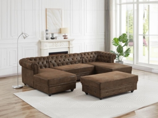 Vente-unique - Wohnlandschaft & Hocker - Mikrofaser - Vintage-Leder-Optik - CHESTERFIELD