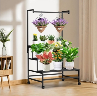 LMaxhome Blumenständer Pflanzenständer aus Metall Pflanzentreppe Blumentreppe Rostschutz (Pflanzen Standregal, 1 St), 3 Ebenen mit Rad Pflanzenregal Blumenregal für Terrasse Garten Balkon