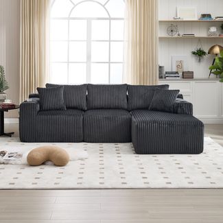 Modulares Sofa Set mit Chaiselongue & 2-Sitzer in Grau, weicher Cordbezug, 5 Kissen & Getränkehalter