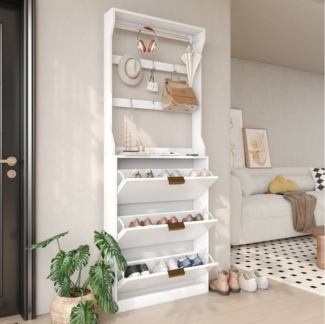 VOWNER Garderoben-Set Schuhschrank mit 3 Klappen, Garderobe, 6 Haken, Kleiderstange, (1-St), für Eingang, Flur, 80 x 17 x 208 cm, weiß