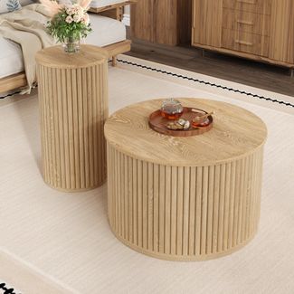 Couchtisch-Set rund B 60/30 x T 60/30 x H 38,5/56 cm, MDF natur, 3D-Streifen