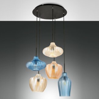 Fabas Luce 3725-49-363 Pendelleuchte Olbia 5-flammig amber azurblau champagner
