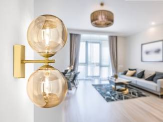 LED Wandleuchte mit Schalter, Gold - Glaskugeln in Bernstein, Höhe 34cm