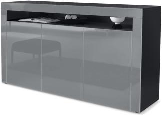 Vladon Sideboard Valencia, Kommode mit 3 Türen und 1 offenem Fach, Schwarz matt/Grau Hochglanz/Grau Hochglanz (155 x 92 x 40 cm)