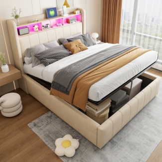 Beiges Polsterbett 140x200 cm Mit LED Beleuchtung Und Hydraulischem Stauraum Doppelbett Mit USB Type C Anschlüssen 250 Kg Tragkraft