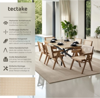 tectake Esszimmerstuhl Holzstuhl Lissy mit Wiener Geflecht im Boho-Stil (Set, 4 St), Breite Rückenlehne und bequeme Sitzfläche mit Armlehnen