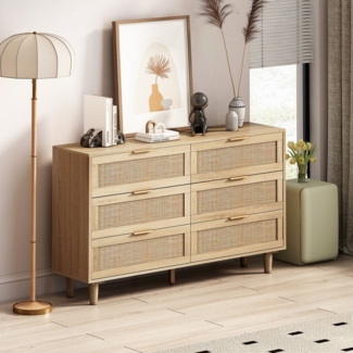 HAUSS SPOLE Sideboard 130cm Mehrzweckschrank Kommode Beistellschrank mit 6 Schubladen (Rattan-Kommode mit 6 Schubladen – Modernes Design, große Stauraumlösung, ideal für Schlafzimmer & Wohnzimmer)