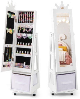 Kinder Schmuckschrank 3 in 1 Spiegelschrank 360°drehbar Schmuckregal mit Ganzkörperspiegel Weiß