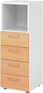 bümö smart Schubladenschrank, Büroschrank in Weiß/Buche mit 4 Schüben & 1 Regalfach - Bürocontainer aus Holz, Container mit Metallgriffen & Soft-Stop Schubladen, 934S4-W-6-BS
