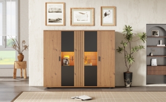 Sideboard 140x35x113 cm, 4 Türen, verstellbare Einlegeböden & LED-App-gesteuert, Schwarz/Originalholz