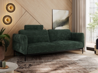 Sofa mit Schlaffunktion, schwarze MetallStoff, mobile Kopfstütze, Schlafsofa mit losen Kissen - SALENTO - Grün Cord