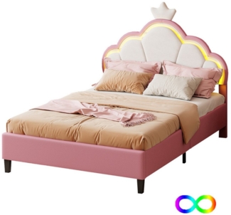 SEEZSSA Polsterbett Kinderbett Jugendbett (140x200 cm Bett LED Doppelbett mit Blütenblattform Prinzessinnenbett), mit höhenverstellbarem Kopfteil,Samt,Weiß+Rosa