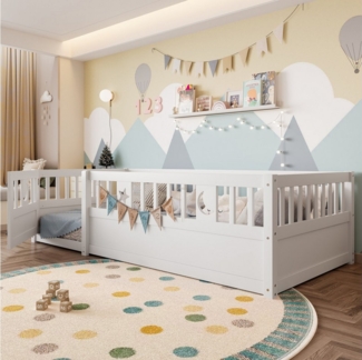 Flieks Kinderbett, Bodenbett Massivholzbett 90x190cm mit Gitter und Lattenrost