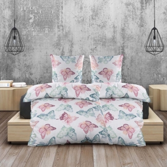 Casa Colori Bettwäsche Seersucker Bettwäsche mit bunten Schmetterlingen, Seersucker, 4 teilig, Decke 135x200 cm, Kissen 80x80 cm