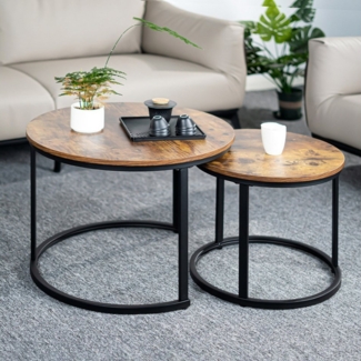 HawthyHome Couchtisch 2er-Set runde Beistelltische aus Holz & Metall (2-St), Moderne Kaffeetische für Wohnzimmer Schlafzimmer