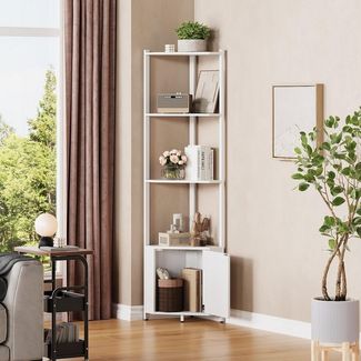 GarveeMore Eckregal mit 5 Ebenen,145 cm hohes Metallgestell mit Holzablagen, Wand-Eckregal,freistehendes Regal für Wohnzimmer,Küche,Schlafzimmer