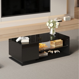 KLAM HOME Couchtisch Wohnzimmertisch mit Beleuchtungund LED-Lichtleiste,105 x 50 x 36 cm, Hochglanz Couchtisch, Kaffeetisch mit Stauraum