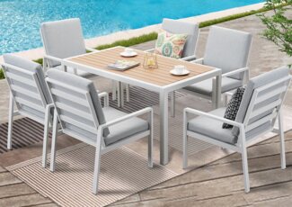 MeXo Gartenlounge-Set Gartengarnitur Set Aluminium, (Garten Essgruppe für 6 Personen, 7-tlg, 6 Sessel, 1 Esstisch, inkl. Auflagen), Gartenmöbel Set wetterfest und platzsparende