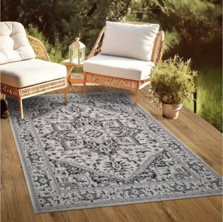 oKu-Tex Outdoorteppich PLUTUS In- & Outdoor Teppich, Flachgewebe, Sisaloptik, rechteckig, Höhe: 3 mm, Vintage orientalisches Design, UV-resistent, Terrasse, Grau-Schwarz