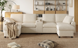 U-Form Ecksofa in Grau, 315 cm Breite mit USB-Ladestation, 2 flexiblen Hockern und Cord Bezug