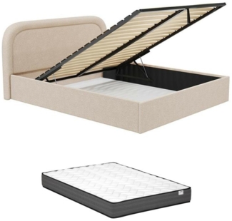 Vente-unique - Bett mit Bettkasten + Matratze - 200 x 200 cm - Bouclé-Stoff - Beige - FIREZA