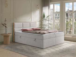 Vente-unique - Deko-Komplett-Set mit Kopfteil mit Holzrahmen + Bettgestell mit Bettkasten + Matratze + Topper - 180 x 200 cm - Stoff - Hellgrau - SIAKI von YSMÉE